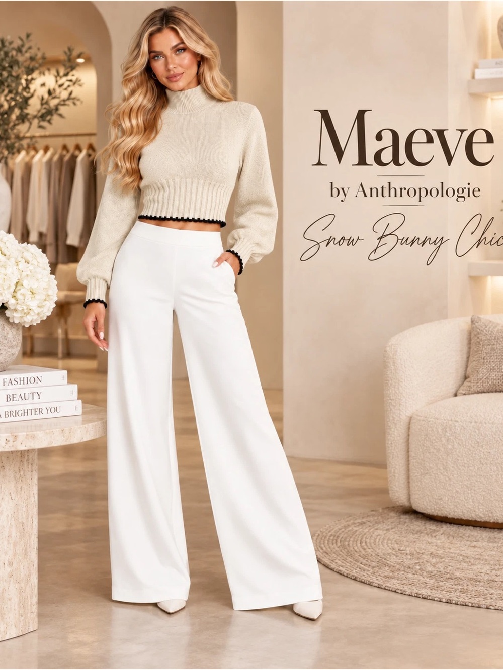 Anthropologie Maeve . Ivory cropped, mock neck, soft knit sweater.